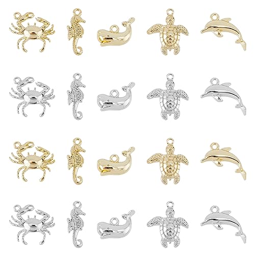 SUPERFINDINGS 20 Stück 10 Stile Rack Beschichtung Legierung Charms Meerestiere Anhänger Krabbe Seepferdchen Wal Meeresschildkröte Delphin Charms Platin Gold Legierung Anhänger Loch 1.5mm