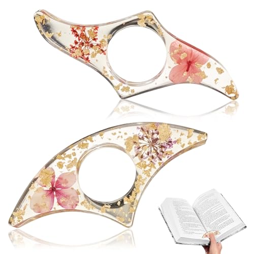 2 Stück Daumenring Seitenhalter - Rot & Violett Daumen Lesezeichen Getrocknete Blumen Kunstharz Transparente Buchseitenhalter aus Harz Handgefertigt für Lehrer Buchliebhaber (A)