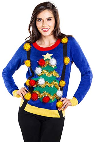 Tipsy Elves Women's Ugly Christmas Sweater - Decorated Christmas Tree Blue Holiday Pullover Size Medium