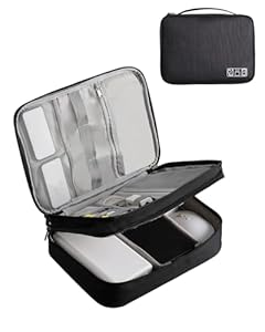OrgaWise Accessories Bag Travel Electronics Organiser 3 Layer Cables Case for Power Bank, Camera, Ipad and Memory Card - Grey Electronic Case with 2 pcs Data Line Protect Sets (3-layer-black)