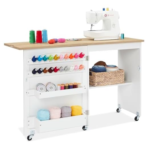 Best Choice Products Folding Sewing Table Multipurpose Craft Station & Side Desk with Compact Design, Wheels, Shelves, Storage Trays, Pegs, Magnetic Doors, Metal Doorknobs - Natural/White