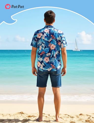 Image of PATPAT Family Hawaiian Matching Outfits - Mommy and Me Vacation Outfits | Halter Sundresses and Button Down Shirts,Caribbean Vacation Summer Tropical Outfits,Hawaiian Boho Tropical Floral Printed