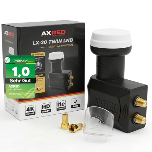 [ Test SEHR GUT Note 1.0 *] AXRED Twin LNB + Wetterschutzhaube + 2X F-Stecker Digital 2Fach 4K HD LMB für 2 Teilnehmer mit Wetterschutz für Fernseher Sat Receiver Satellitenschüssel LNC