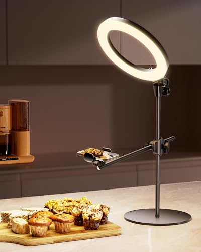 Ring Light Overhead Camera Mount for Desk, LUXSURE 10.5' Ring Light with Stand for iPhone, Adjustable Overhead Tripod with Shooting Arm & Phone Holder for Video Recording, Content Creation, Cooking
