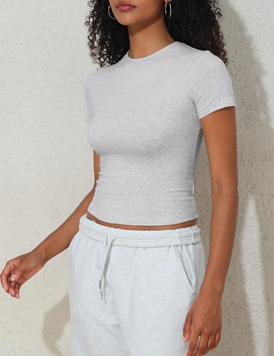 Hilor Women's Casual Basic Cotton T-Shirts Short Sleeve Y2K Going Out Crop Tops Baby Tees Tight Fitted Crew Neck T Shirts4