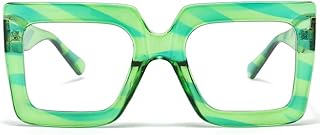 Oversized Blue Light Glasses for Women Fashion Thick Square Computer Eyewear Non-Prescription Black Glasses (Green Stripe)