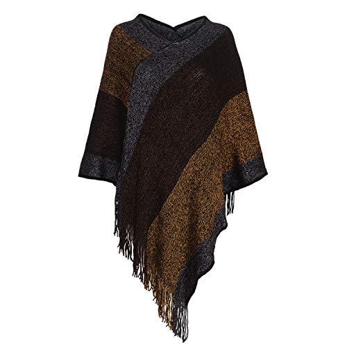 Image of Women's Elegant Knitted Shawl Poncho with Fringed V-Neck Striped Sweater Pullover Cape Gifts for Women Mom