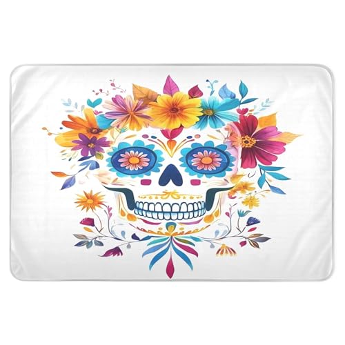 Takiito Watercolor Skull Colorful Flowers Bed Pad Reusable Bed Underpad Washable Waterproof Leak-Proof Quick Dry Incontinence Pee Pad for Toddlers Kids Adults Pets 34x52 in