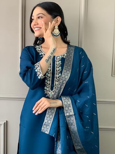 Image of Women's Viscose Chanderi Solid 3 /4 Sleeve Round Neck Embroidered Kurta, Pant and Dupatta-Petrol-JT-058