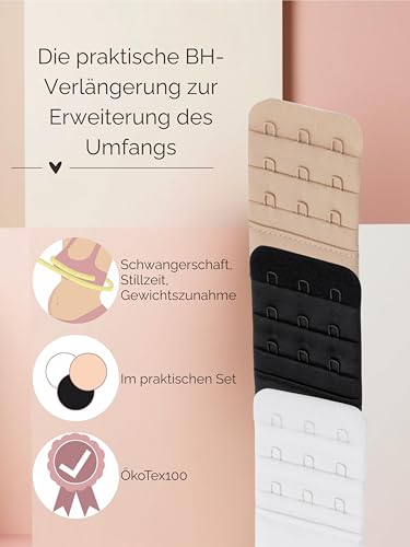 Herzmutter BH-Verlängerung - OekoTex 100 - BH-Extension im Set - Beige-Schwarz-Weiß - 2er/3er-Haken - BH-Verlängerer - Gewichtszunahme-Schwangerschaft-Stillzeit - 9000 (3er Haken|3er-Pack)