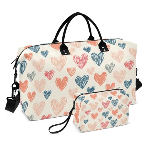 Seamless Abstract Geometric Pattern with Doodle Hearts Travel Duffle Bag,Large Weekender Travel Bag for Women Men Waterproof Luggage Bag with Trolley Sleeve,Airplane Travel Essentials for Flying