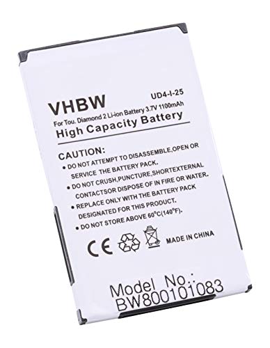 vhbw Battery compatible with HTC Tattoo, Touch Diamond II, Smart, Tatoo, Touch Diamond 2, Hero Mobile Phone Smartphone (1100 mAh, 3.7 V, Li-Ion)