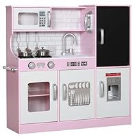 AIYAPLAY Play Kitchen, Kids Kitchen Playset Toy with Chalkboard, Toy Phone, Microwave, Ice Maker, Cooking Stoves, Sink, for Boys Girls Ages 3-8 Years, Pink