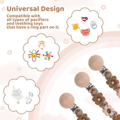 Image of Pacifier Clip for Boys Girls Floral Daisy Macrame Baby Paci Clip Pacifier Holder Leash Boho Wooden Clips Handmade Braided Cotton Binky Clips (1pack:Maillard Style)