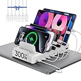 300W Charging Station for Multiple Devices, 8 Port Multi USB C Fast Charger Station Dock for MacBook iPhone 17/16/15/14/13/12 Samsung Pixel Series iPad, White (6 Mixed Short Cables Included)