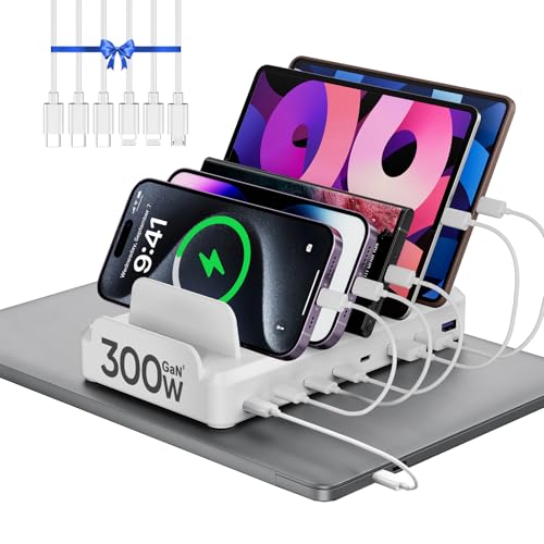 300W Charging Station for Multiple Devices, 8 Port Multi USB C Fast Charger Station Dock for MacBook iPhone 16/15/14/13/12 Samsung Pixel Series iPad, White (6 Mixed Short Cables Included)