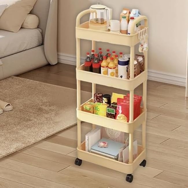 4-Tier Rolling Kitchen Cart with Drain Basket & Armrests, Plastic Slim Storage Trolley on Wheels, Ventilated Anti-Damp Shelves, Toiletries Organizer for Pantry, Bathroom, Garage (Yellow)-IuvkLSQS