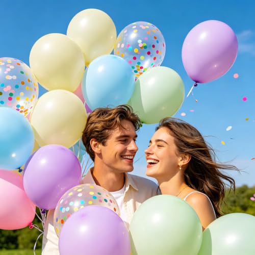 Image of 12 Inch Pastel Balloons Pink Blue Green Purple Yellow 68Pcs Pastel Rainbow Latex Balloon with Colorful Confetti Party Balloons for Easter Birthday Baby Shower Bridal Wedding Party Decoration