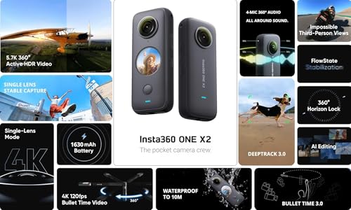 Image of insta360 ONE X2 360 Degree Waterproof Action Camera,5.7k 360 Capture| FlowState Stabilization| Ultra Bright Screen |Touch Screen |AI Editing|Live Streaming, Webcam|Voice Control | Optical Zoom, Black