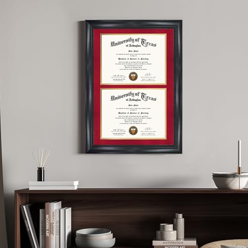 GMFrames Double 8.5x11 Diploma Certificate Frame, Solid Wood & Tempered Glass, Cherry Lacquer Finish & Intricate Rope Detail, Red over Gold Mat by GMFrames - Used condition - Image 2