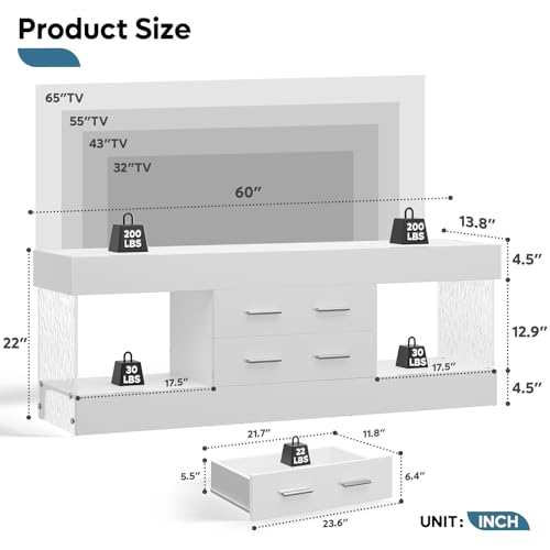 Image of Bestier Modern TV Stand for 65 Inch TV, White Entertainment Center | High Gloss White Finish, Stone Pattern Panels, LED Lights, 2 Large Storage Drawer, Living Room Media Console