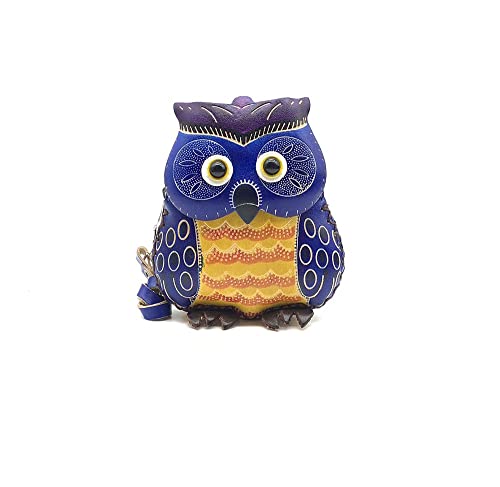 Handmade Vintage Genuine Leather 3D Animal Owl Coin Purse with Removable Wrist Strap (Blue)