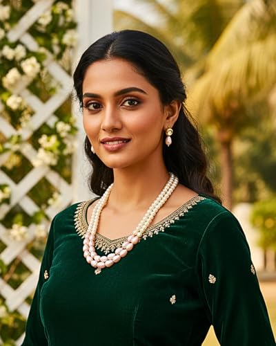 Image of Mansiyaorange Double Layered Glass Pearl Mala Neckalce with Kundan Earrings Jewelry Set