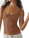 Tankaneo Womens Sexy Deep V Neck Top Sleeveless Backless Spaghetti Strap Tank Top Casual Basic Cami Top Brown, Small