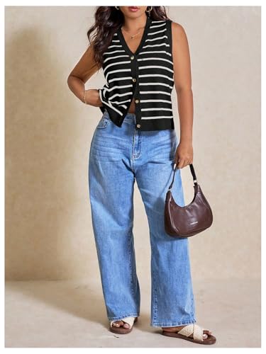 Image of Verdusa Women's Plus Size Old Money Vest Tops 2025 Striped Sleeveless Button Up Sweater Vests