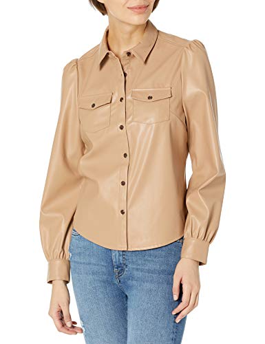 The Drop Women's Clemence Faux Leather Puffed Long Sleeve Utility Blouse, Camel, M