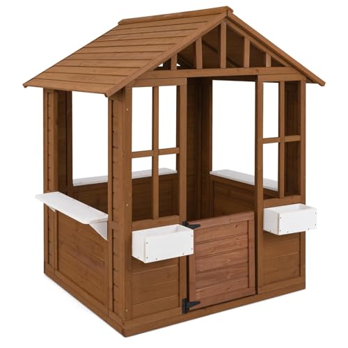 Costzon Outdoor Playhouse, Fir Wood Adventures Cottage w/Windows, Serving Stations, Flowerpot Holders & Door for Children Pretend Activity Play, Kids Play House for Boys Girls