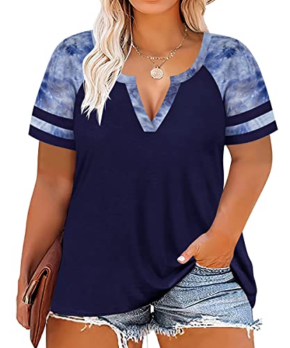 Image of CARCOS Plus Size Tops for Women Short Sleeve Summer Pullover Color Block Crewneck /V Neck Tee Tunic Loose Fit Tshirts XL-5XL
