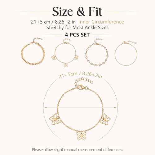 Image of Fesciory 14K Gold Plated Ankle Bracelets Sets For Women, Adjustable Layered Infinite Anklet, Summer Beach Butterfly Star Foot Chain Jewelry Gifts