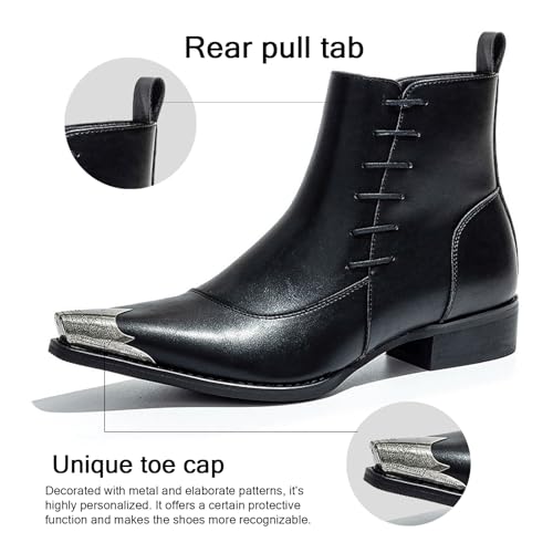 Men's Western Pointed Toe Ankle Boots with Metal Toe Cap Side Zipper Dress Boots3
