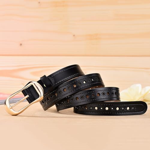Women's Stitched Skinny Belt Carved Hollow Flower 2.5cm Thin Leather Strap with Gold Buckle for Pants Jeans Dress4