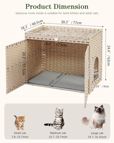 Image of SETVSON Cat Litter Box Enclosure Furniture, Hidden Litter Box, Cat Litter Box Cabinet with 2 Litter Mats, Handwoven Rattan Large Space Cat House Indoor, Living Room, Bedroom, Apartment Light Khaki