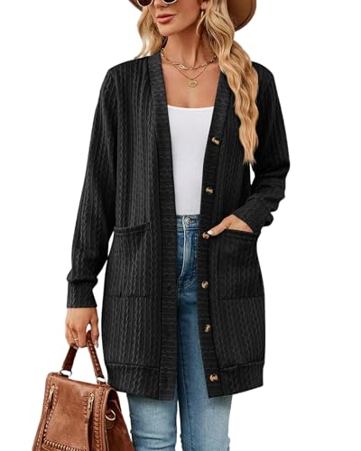 Atxnn Gilet Femme Long Cardigan Femme à Manches Longues Élégante Pull Veste Boutons avec Poches Devant Cardigan Confortable et décontracté pour...