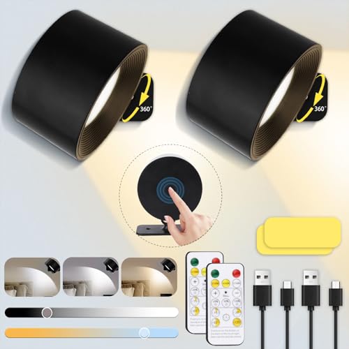 UCAMP Luz de Pared Interior, 2pcs Lámpara LED, Aplique 3 Colores y 3 Niveles de Brillo, 360° Giratorio de Control Táctil