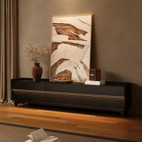 Image of POVISON Fully-Assembled Mid Century Modern TV Stand with Legs, Wood Media Console with Adjustable LED Light, Entertainment Center with Storage for Living Room