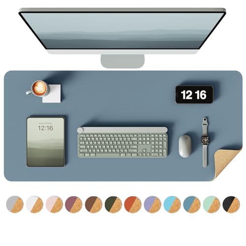YSAGi Double-Sided Desk Pad, 31.5"x15.7"Leather Desk Mat, Eco Cork Desk Pad Protector,Large Mouse Pad,Waterproof Desk Blotter for Office/Home(Blue Grey) Cork+blue Grey 31.5"x15.7"
