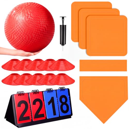 Jenaai 18 Pcs Sport Kickball Set Includes Playground Ball 5 Rubber Baseball Pump Scoreboard Net Bag 10 Foul Line Cones for Adult Playground Backyard Game (550G Upgraded Ball Set Orange 10 Inch)