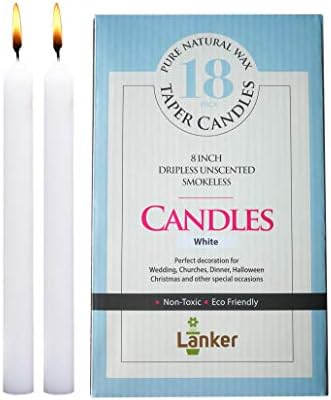 LANKER18 Pack Taper Candles – 8 Inch Dripless Unscented Smokeless Candles – 6.5 Hours Burning Time - Decoration for Wedding, Churches, Dinner, Halloween and Christmas (White)