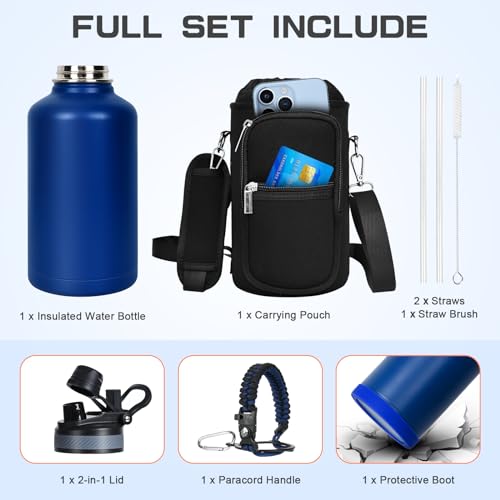 Image of GAZLEMHO Insulated Water Bottle 64 oz, Half Gallon Water Jug Cold 48H, BPA Free Stainless Steel Bottles with Straw /Chug 2-in-1 Lid, Bag, Paracord Handle, Silicone Boot, Sports Gym School Metal Flask