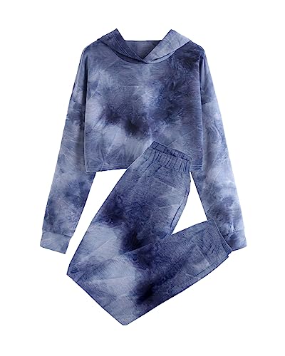Meikulo Kids 2 Piece Outfits Tracksuits Workout Tops Tie Dye Sweatsuit Girls Crop Tops Fashion Hoodies Long Sleeve Pullover Hooded Sweatshirts Sweatpants Jogger Pants Dark Blue, 5-6 Years