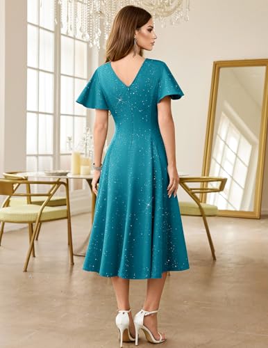 HomRain Sequin Formal Dress Wedding Guest Cocktail Evening Gowns Mother of The Bride A-Line Flare Sleeve Boat Neck Dress for Women Teal Blue XL — view 2