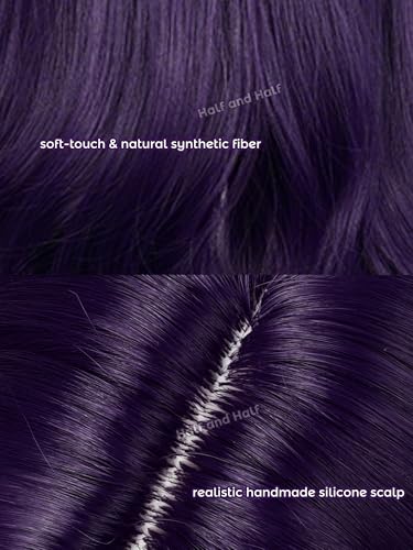 Image of Half and Half Long Curly Purple Wig with Bangs Anime Dark Purple Cosplay Wigs 21.6'' Synthetic Hair for Women Halloween Party