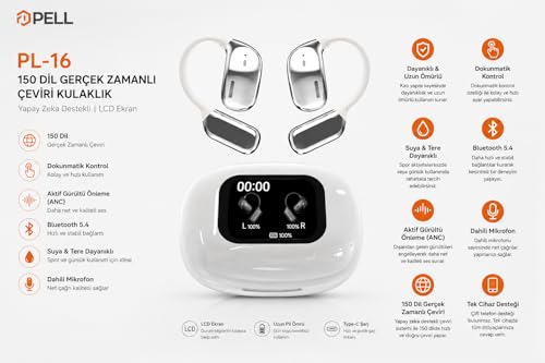 Kulaklık, Pell PL-16 Gerçek Zamanlı Çeviri 150 Dil Desteği, Yapay Zeka Destekli, Anc, Bluetooth 5.4, LCD Ekran