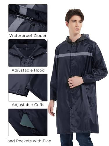 Image of Mens Long Safety Rain Coats with Air Vents Reflective Stripes Waterproof Packable Rain Jacket with Hood Lightweight