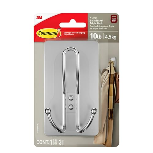 Command X-Large Satin Nickel Triple Hook 1 Hook 3 Strips Damage-Free Hanging with Adhesive Strips No Tools Wall Hook for Hanging Decorations in Living Spaces