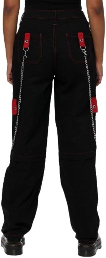Women Black Pant with RED Stitch Gothic Steampunk Punk Morte Pants Buckle Chain Trousers Grommet Strap Zipper Flare